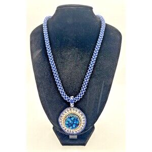 Handcrafted Beaded Medallion Pendant Necklace‎ Blue Silver Beads Hook Clasp VTG